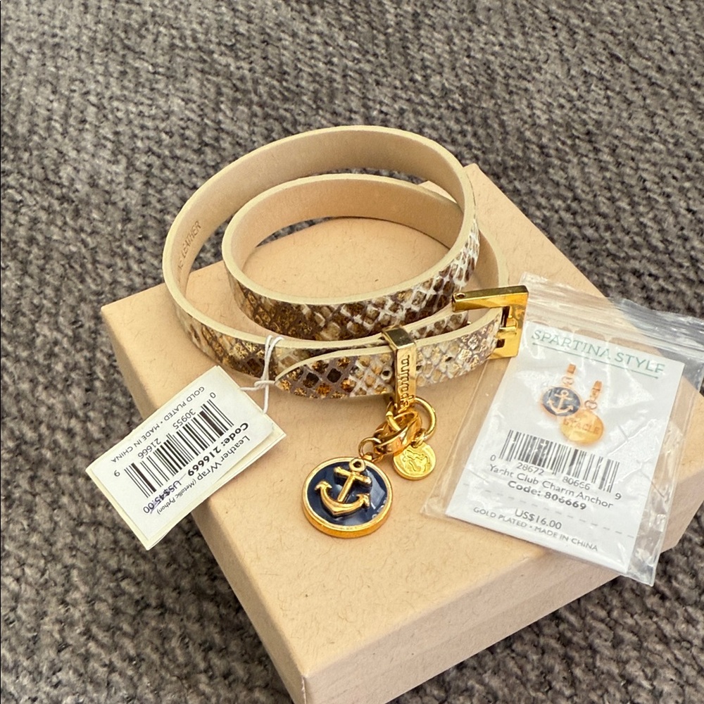 Spartina 449 Gold and Tan Anchor Charm wrap bracelet